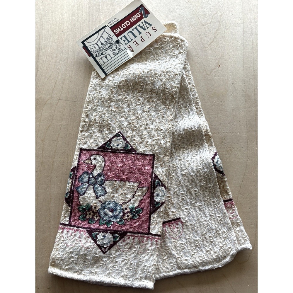 Vtg 1980s Franco Goose Dishcloth LOT of 2 NWT Cottage Granny Retro Pink Blue